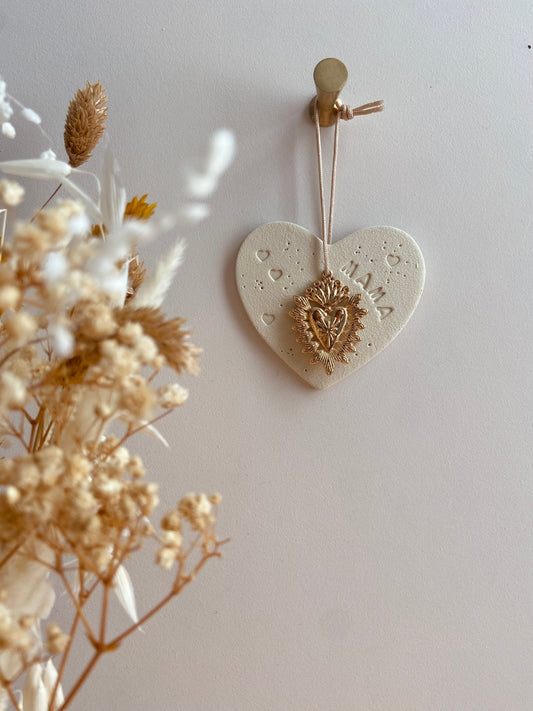 Pièce d’argile « Merci » et coeur ex-voto doré