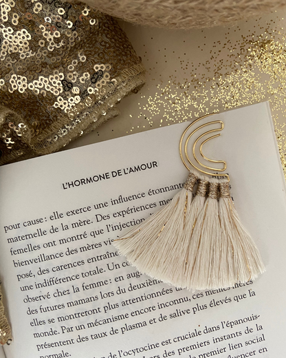 Marque page arc-en-ciel doré et pompons coton - coloris au choix